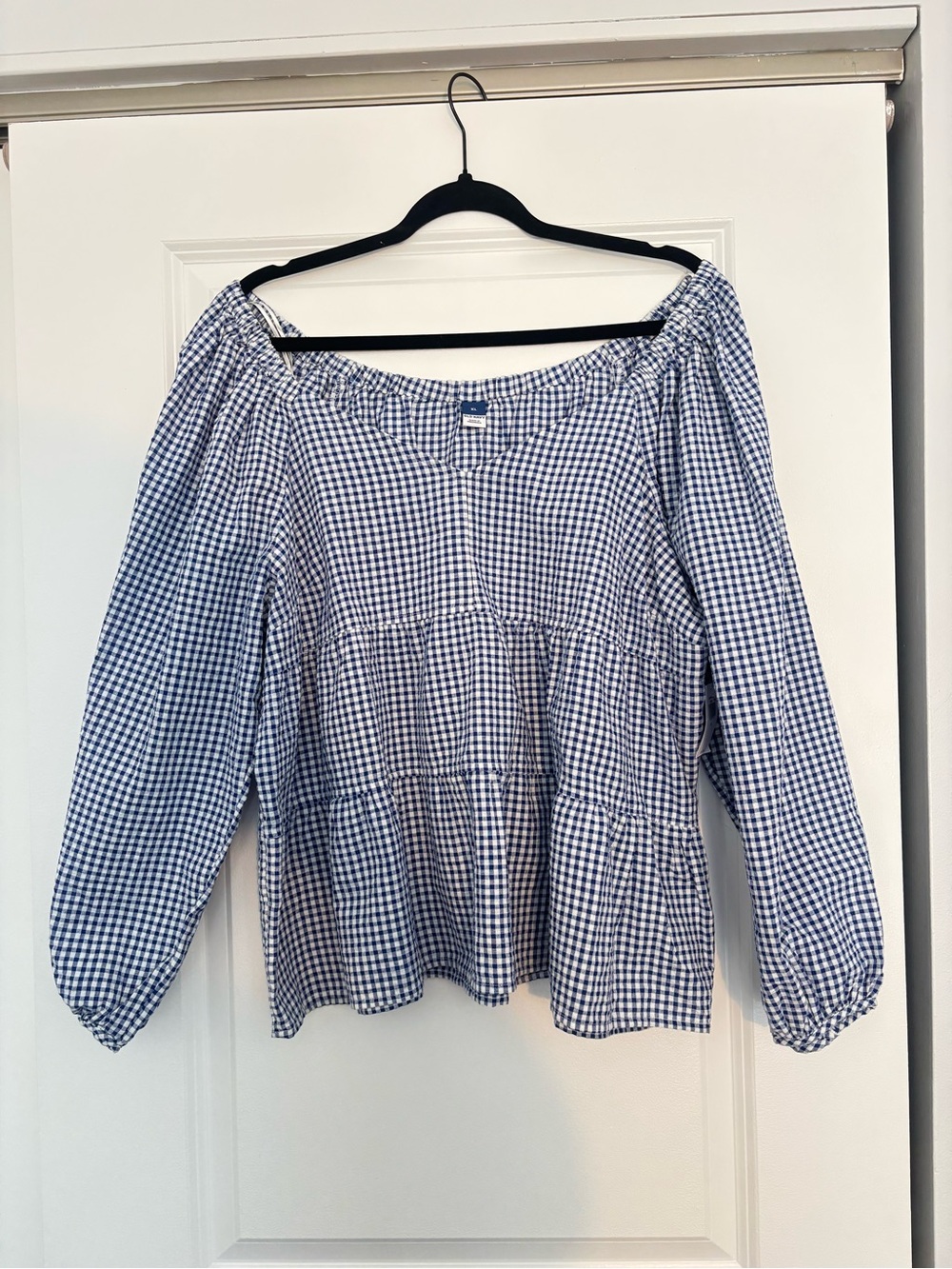 Old Navy Blue and White Gingham Off-Shoulder Peasant Top